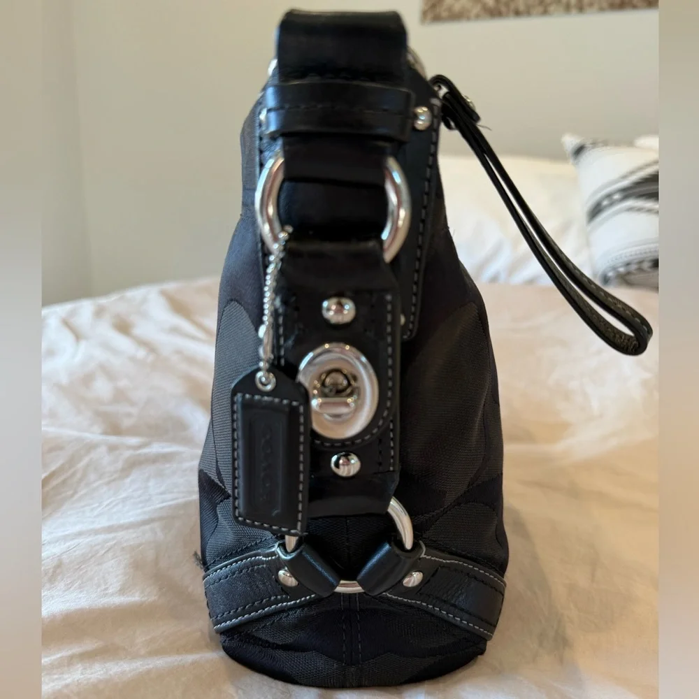 Coach Signature Black Canvas Shoulder Hobo with Silver Hardware - Picture 3 of 12